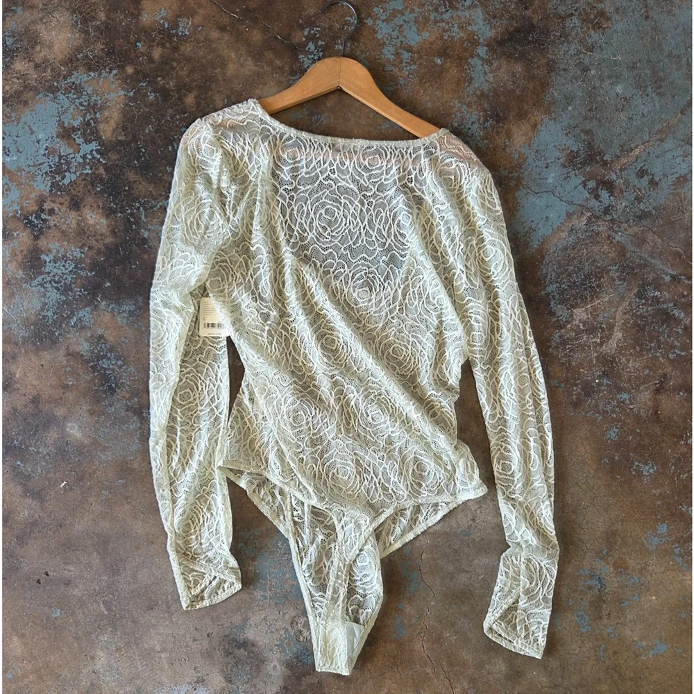 Free People Intimately In My Head Lace Bodysuit Size L Fern Moss Green Sheer